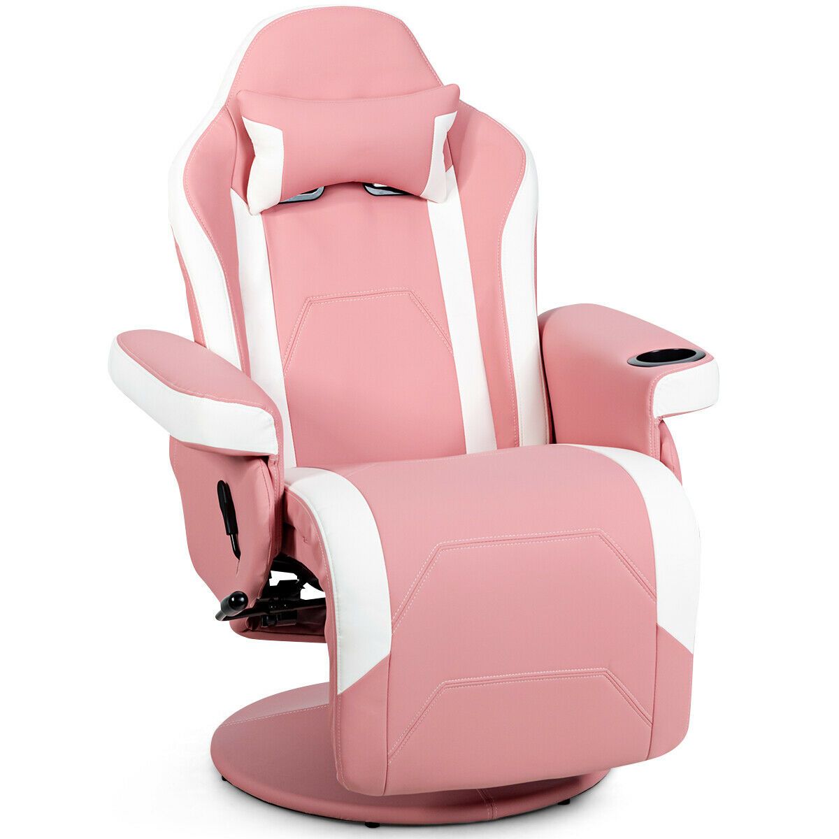 Electric Massage Gaming Chair with Cup Holder and Side Pouch Pink